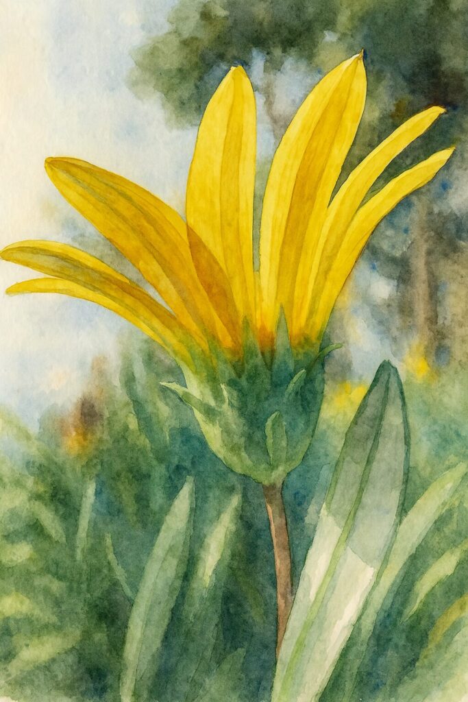 朝日を浴びて咲き始める黄色のガザニアをローアングルで描いた水彩画風イラスト