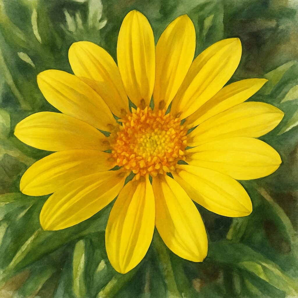 ガザニアの黄色い花を真上から描いた水彩画風イラスト。鮮やかな花弁と花芯の質感を丁寧に再現し、柔らかなタッチの背景に緑の葉がぼかされて描かれている
