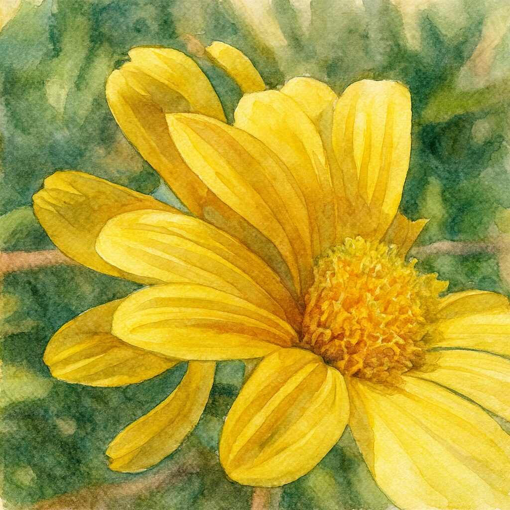 ガザニアの黄色い花を横構図で描いた水彩画風イラスト。重なり合う花弁の形と光の陰影を繊細に表現し、背景に緑のぼかしが柔らかく描かれている