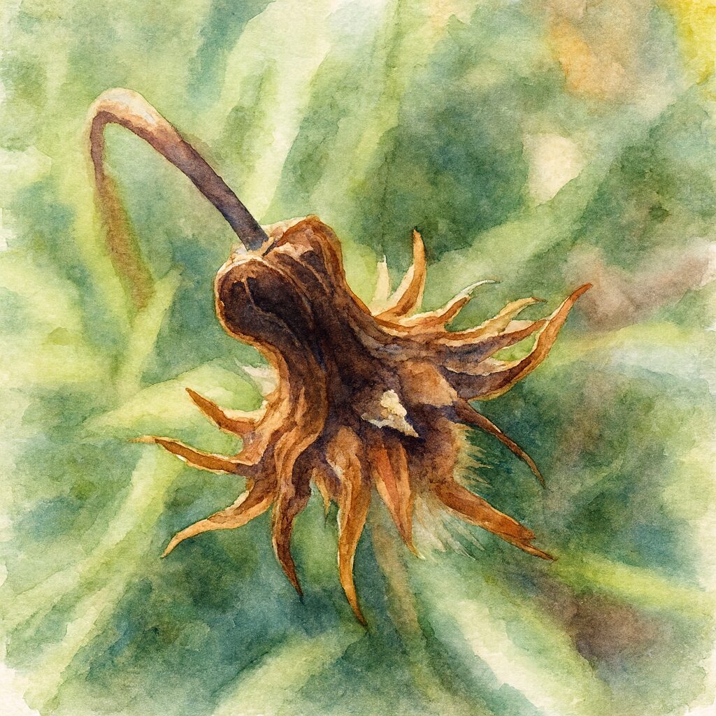 ガザニアの枯れた花がらを写実的に描いた水彩画風イラスト。茶色の花がらと柔らかな緑背景が調和したボタニカルアート