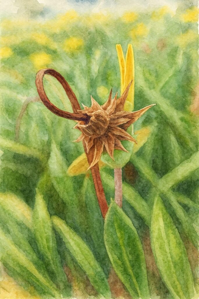 ガザニアの枯れた花殻と新芽を描いたプロ仕上げの水彩画風イラスト｜柔らかな背景のボタニカルアート