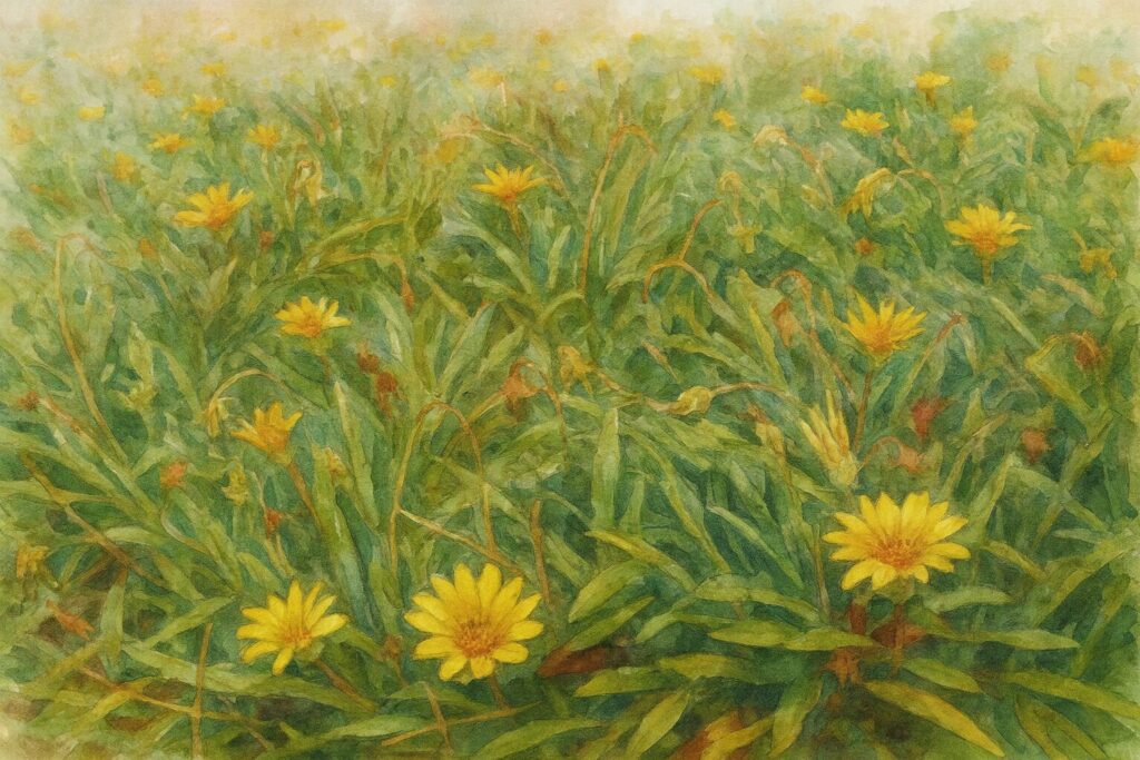 水彩画風に描かれた黄色いガザニアの群生イラスト。密に茂る緑葉と鮮やかな黄色い花が一面に広がる風景