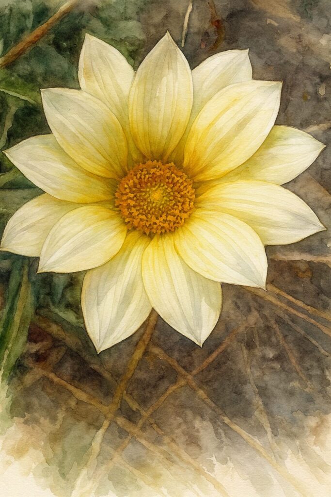 淡いクリーム色のガザニアを真上から描いたリアルな水彩画風イラスト