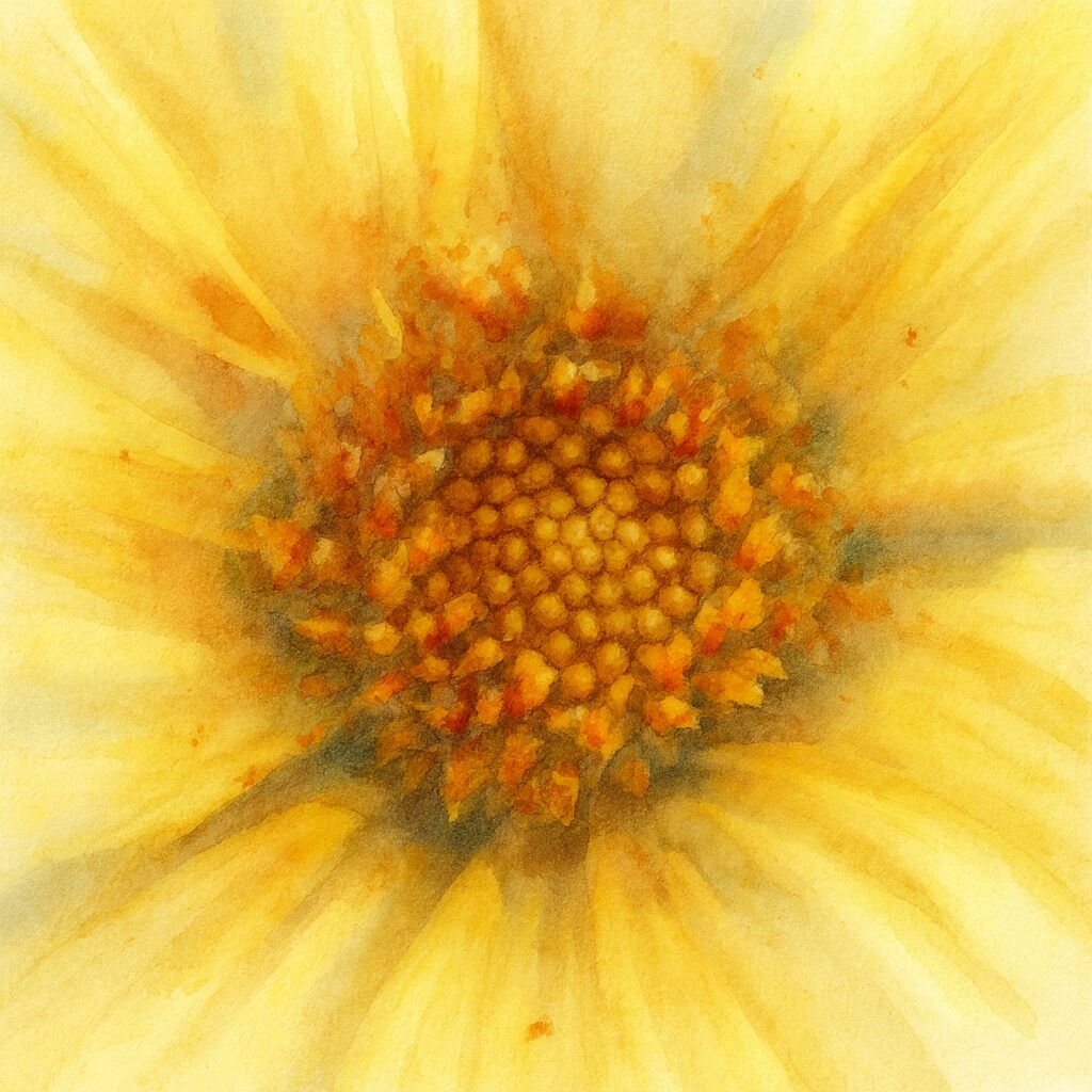 黄色いガザニアの花の中心部を水彩画風に描いたイラスト。筒状花のディテールと柔らかな黄色のグラデーションが美しい