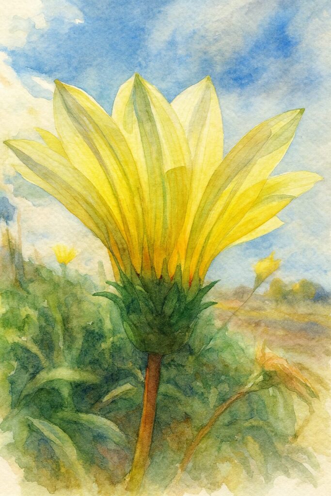 青空を背景に下から見上げた淡黄色のガザニアを水彩画風に描いた植物イラスト