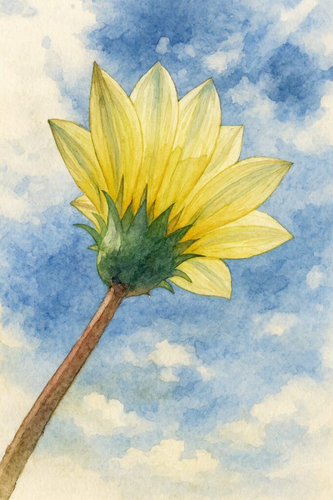 青空を背景に、下から見上げた淡黄色のガザニアの花を描いた水彩画風イラスト