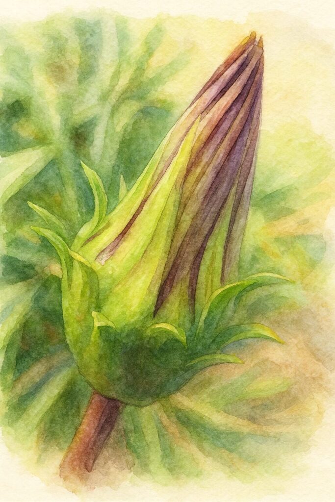 ガザニアのつぼみを水彩画風に描いたイラスト。緑の萼と紫がかった閉じた花弁をリアルに表現し、背景は柔らかいボケ感で植物を描写