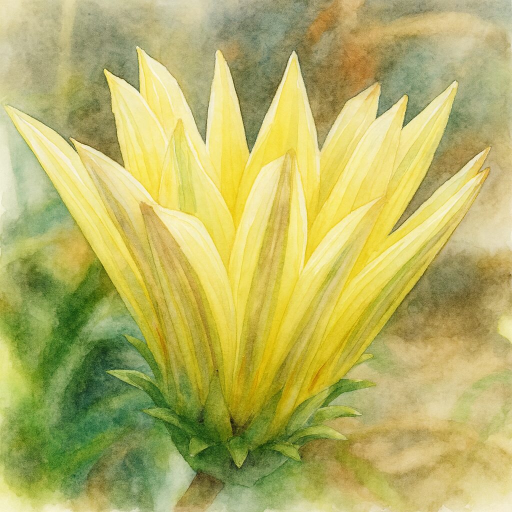 ガザニアの淡黄色のつぼみを忠実に再現した水彩画風イラスト。半開きの花弁と総苞の質感を描いたボタニカルアート