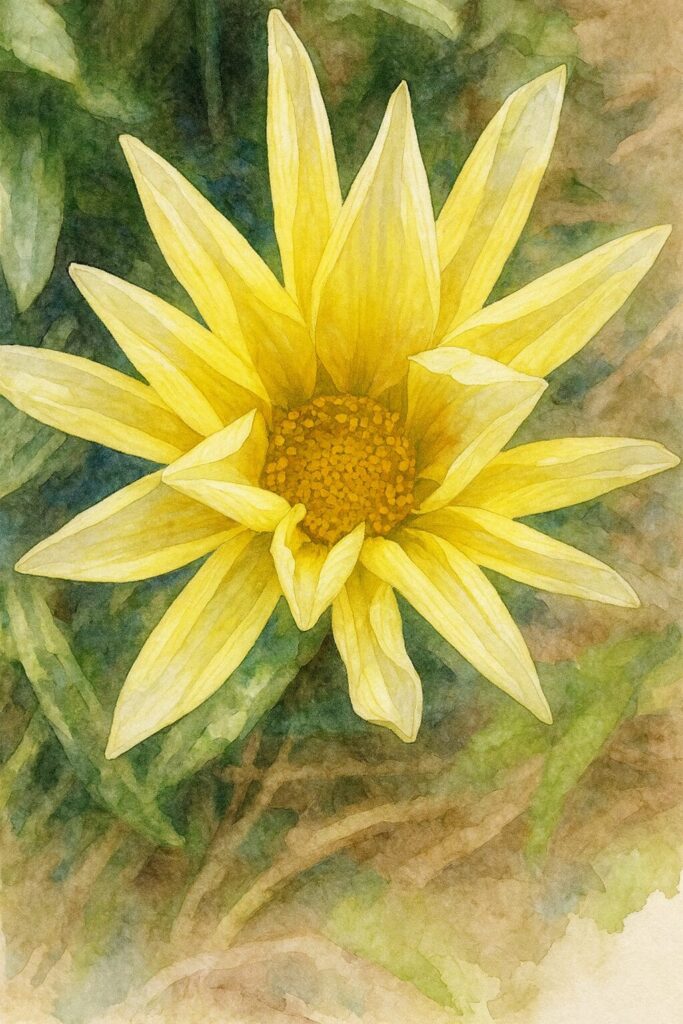 黄色いガザニアの花を上から見た構図の水彩画風イラスト