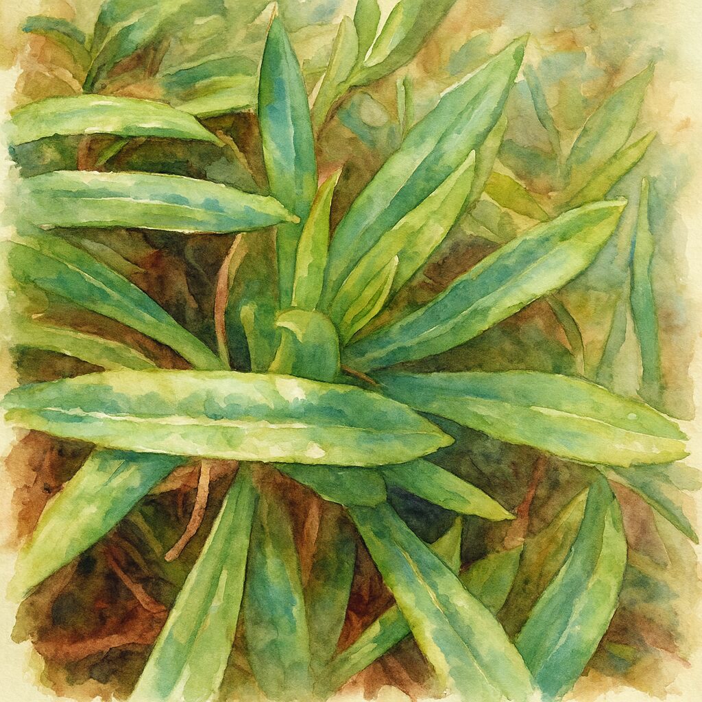 ガザニアの細長い緑葉を写実的に描いた水彩画風イラスト
