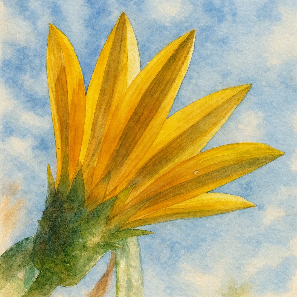 青空を背景にガザニアの黄色い花を下から見上げた構図の水彩画風イラスト。透明感のある花びらと柔らかな空の質感が特徴