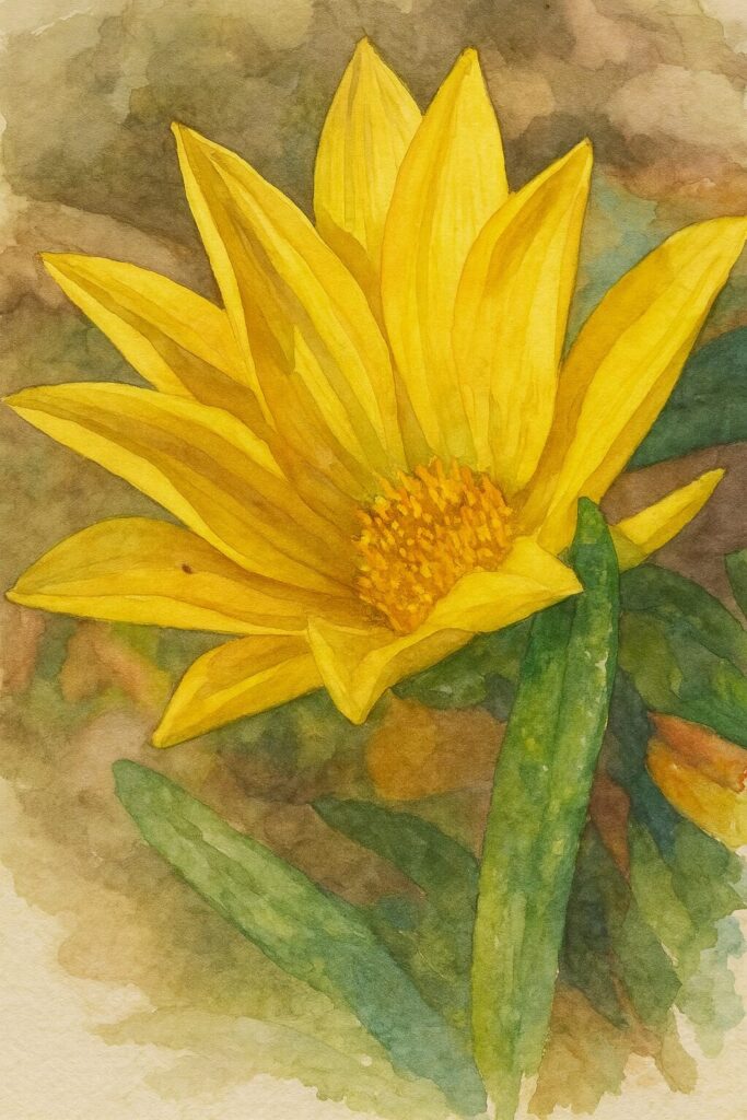 秋の日差しの中で咲くガザニアの黄色い花を丁寧に描いた水彩画風イラスト