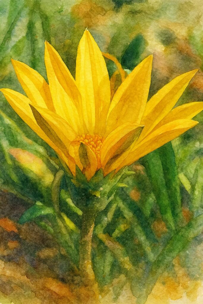 黄色いガザニアを描いた水彩画風イラストのクローズアップ