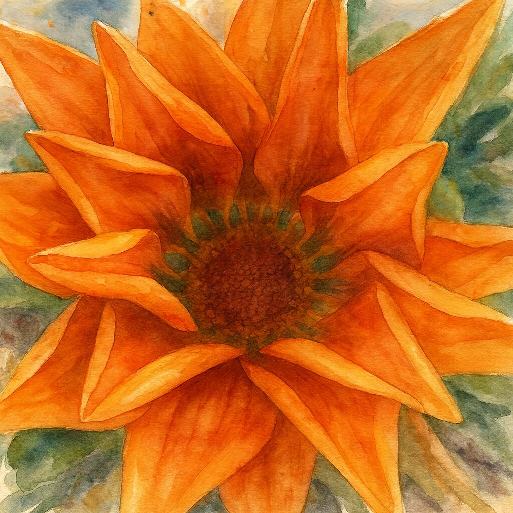 鮮やかなオレンジ色のガザニアを真上から描いたプロレベルの水彩画風イラスト
