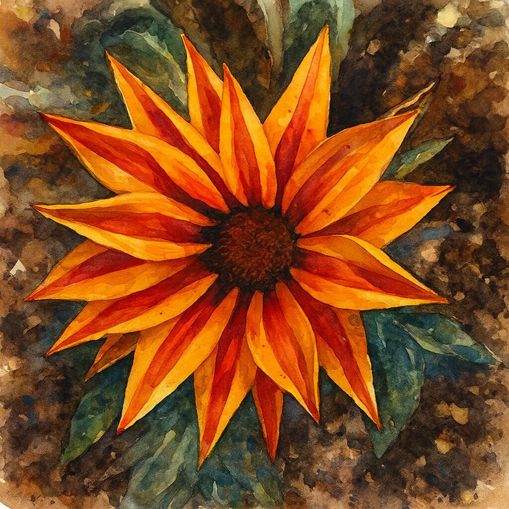 オレンジと黄色のストライプ模様が美しいガザニアを真上構図で描いた水彩画風イラス