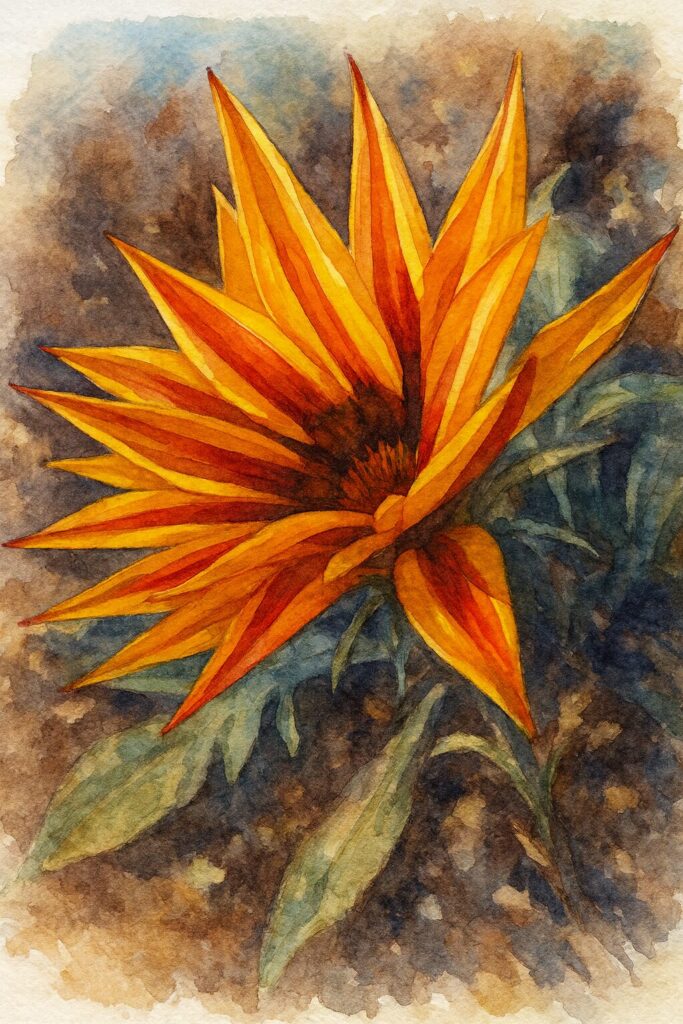 オレンジと赤のストライプ模様が鮮やかなガザニアの花を真上から描いたプロの水彩画風イラスト