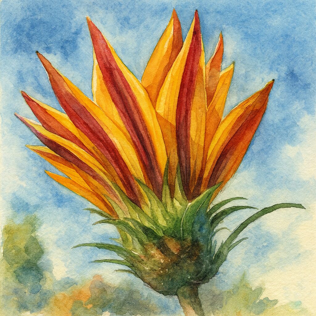 青空を背景に、後ろから光を受けて輝くオレンジと赤のガザニアを描いたプロレベルの水彩画風イラスト
