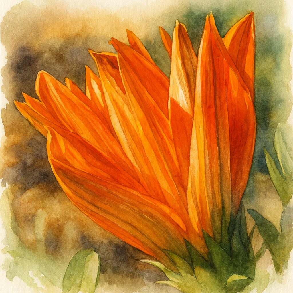 オレンジ色のガザニアを横向き構図で描いた水彩画風イラスト