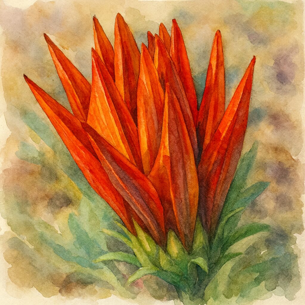 オレンジ色のガザニアの蕾を鮮やかに描いた水彩画風イラスト。細長い花びらが立ち上がる姿を柔らかな筆致で表現