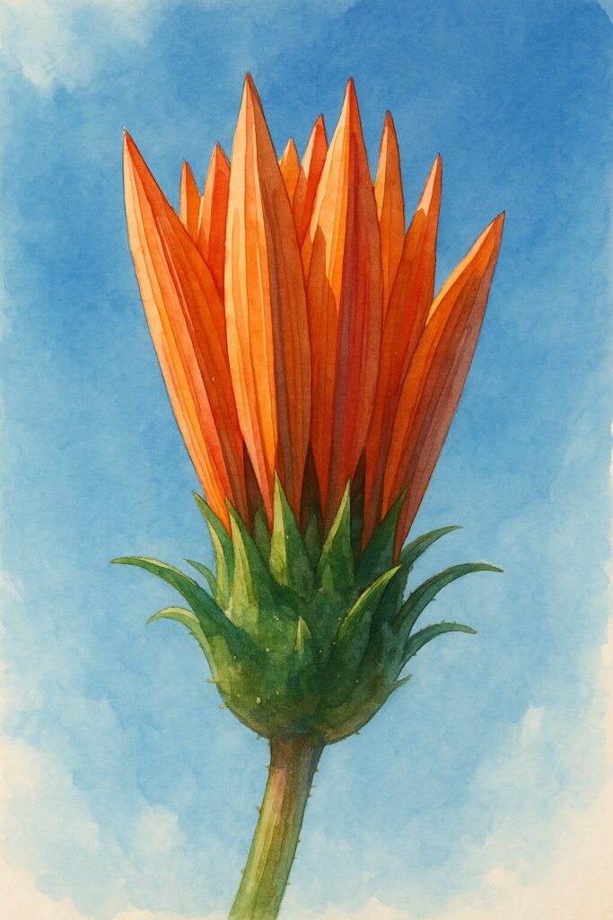 澄んだ青空を背景に、オレンジ色のガザニアの蕾を下から見上げた構図を描いた水彩画風イラスト。光を受けて立ち上がる花びらを柔らかな筆致で表現