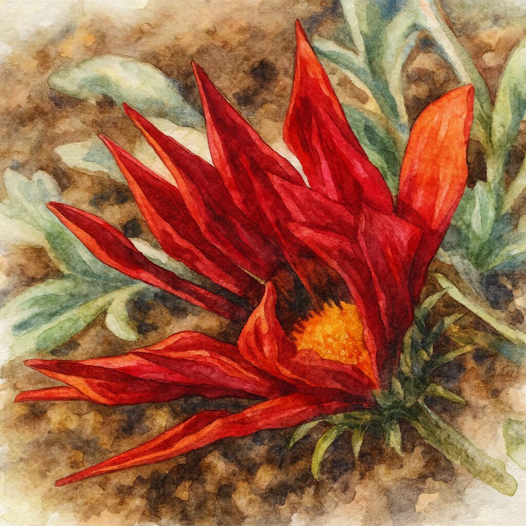 赤いガザニアの花を横から描いた水彩画風イラスト。鮮やかな赤い花弁とオレンジの花芯を柔らかな筆致で表現した植物イラスト