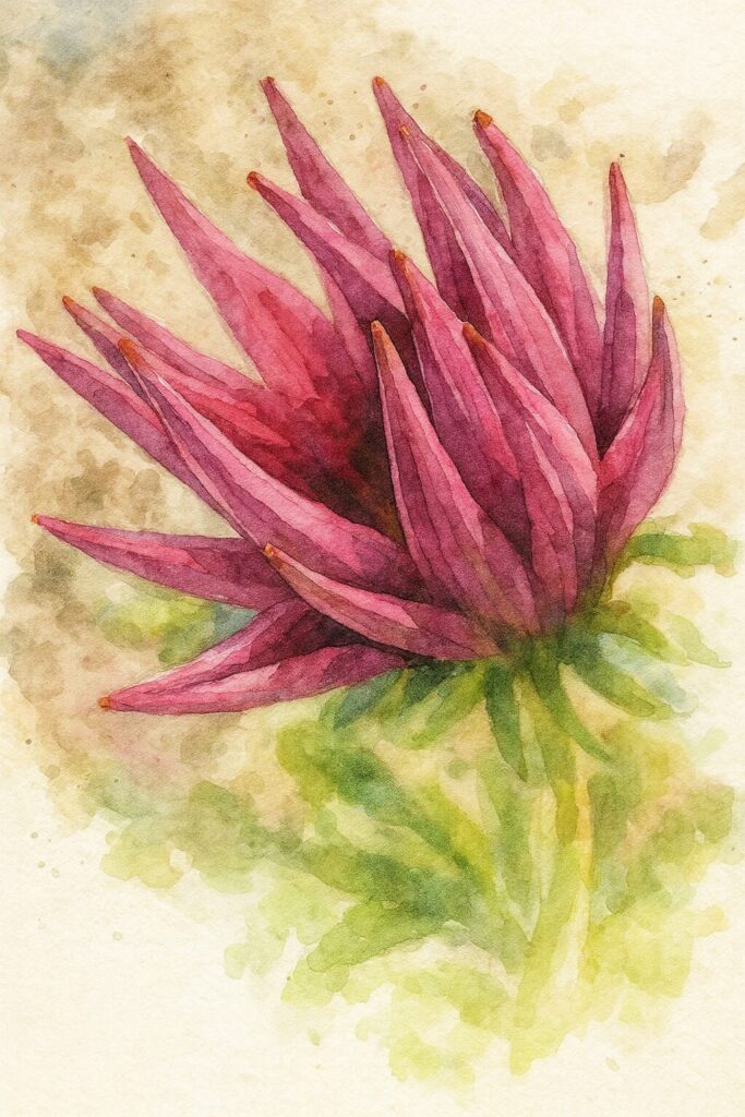 マゼンタ色のガザニアの蕾をアップで描いた水彩画風イラスト。閉じた花びらの先端の鋭さと柔らかい背景のボケ感を表現