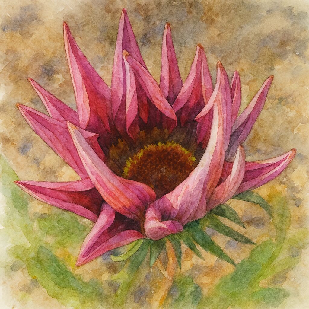 つぼみ状態のピンク色のガザニアを上から描いた水彩画風イラスト