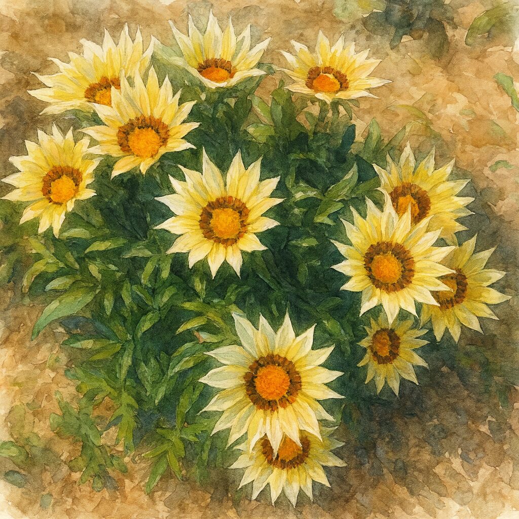 水彩画風に描かれた白黄色のガザニアが株いっぱいに咲く植物イラスト