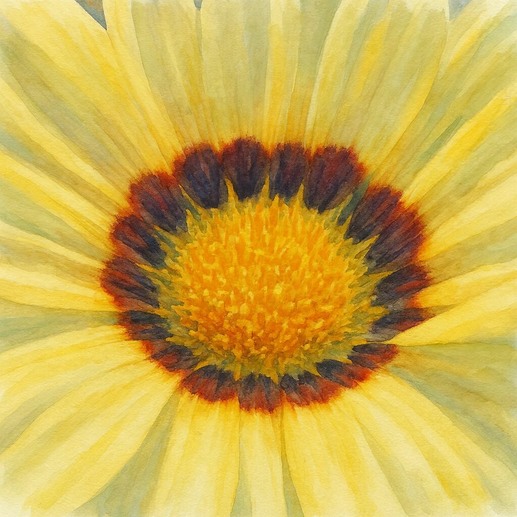 淡い黄色のガザニアを中心まで丁寧に描いた水彩画風イラスト。黄色い花芯と赤茶色のリング模様が柔らかい筆致で表現された作品