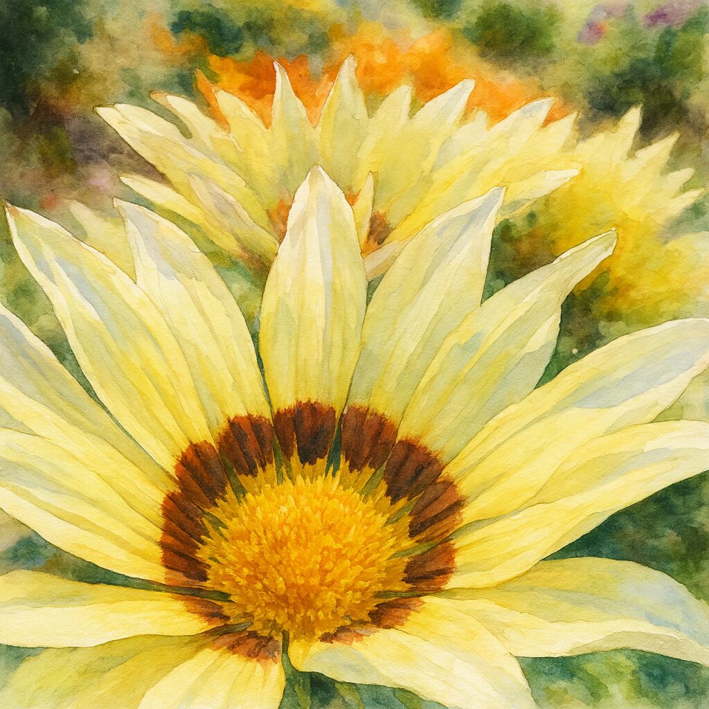 淡い黄色のガザニアを描いた水彩画風イラスト。オレンジの花芯と赤褐色のリング模様が柔らかい筆致で表現されたボタニカルアート