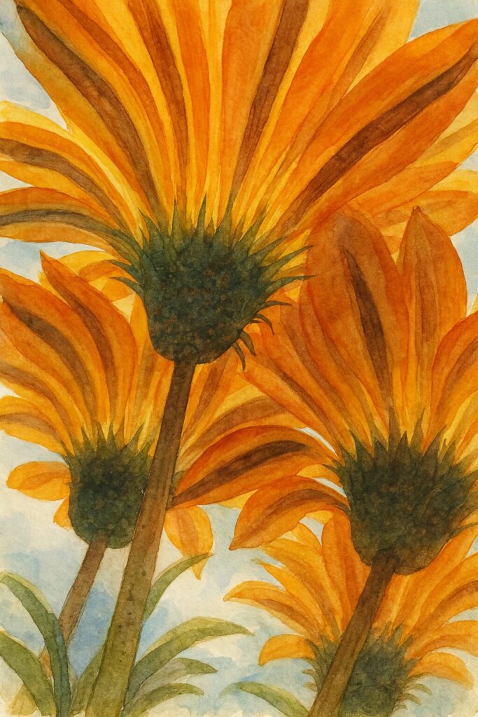 逆光で花びらが輝くオレンジ色のガザニアを裏側から描いたプロレベルの水彩画風イラスト
