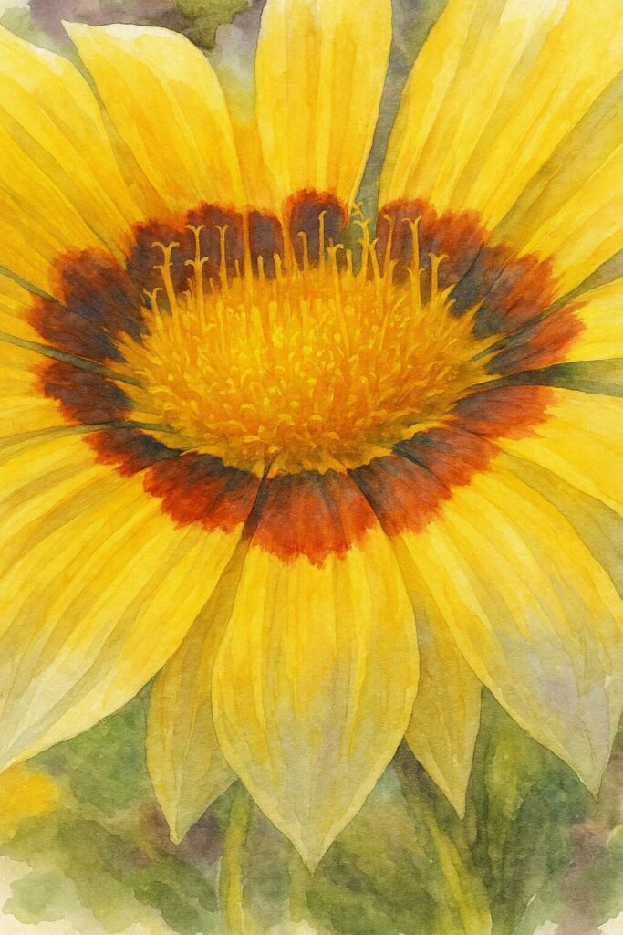 水彩画風に描いたガザニアの花心を超接写した黄色の花弁と赤褐色のリング模様のイラスト