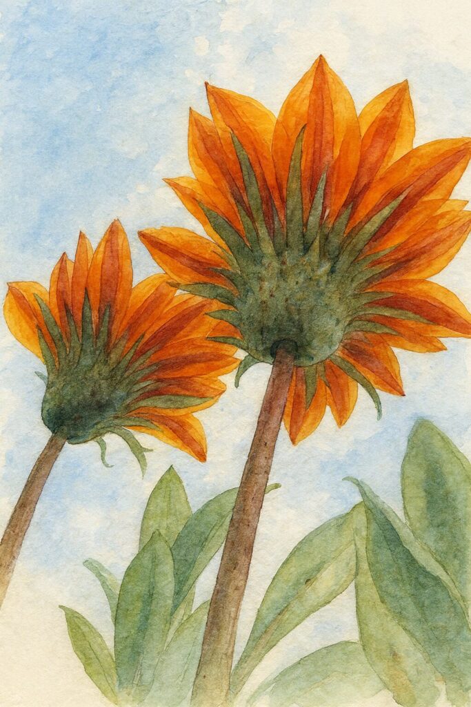 青空を背景に、下から見上げる構図で描かれた2輪のオレンジ色ガザニアの水彩画イラスト