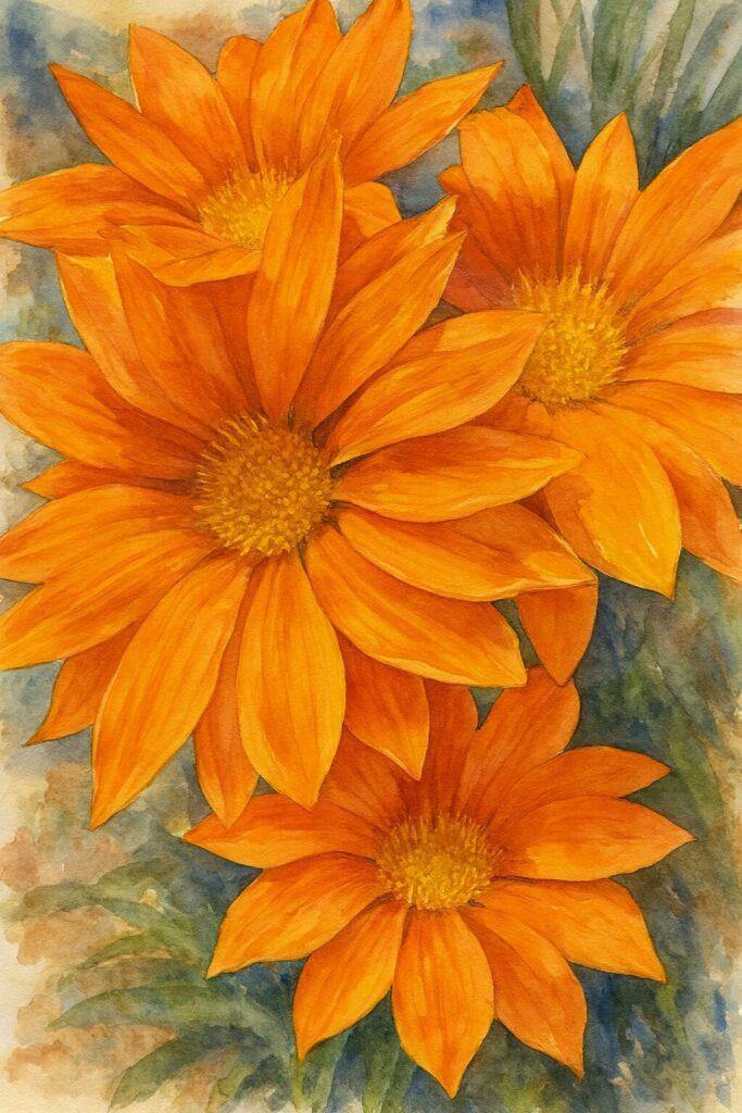 水彩画風に描かれたオレンジ色のガザニア3輪のボタニカルイラスト
