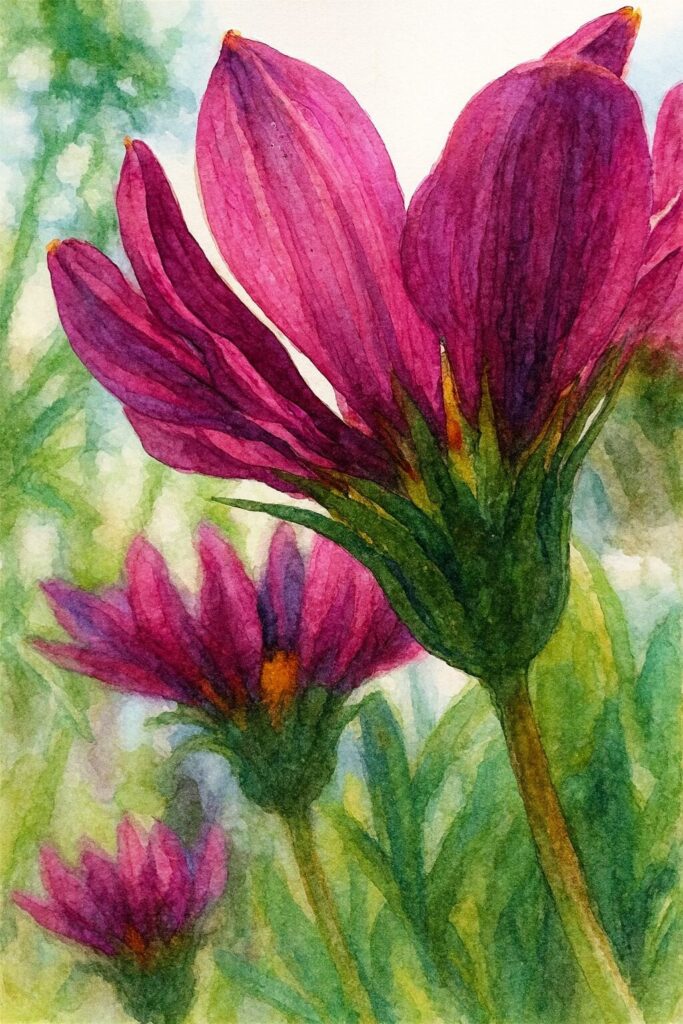 ピンク色のガザニアを下から見上げた構図の水彩画風イラスト。逆光で透ける花びらが柔らかく描かれた作品