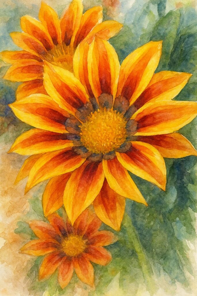 赤と黄色のガザニアを水彩画風に描いたボタニカルアートイラスト