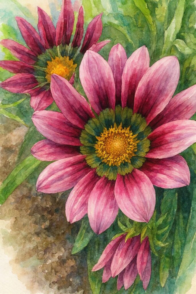 ピンク色のガザニアの花を水彩画風に描いた植物イラスト