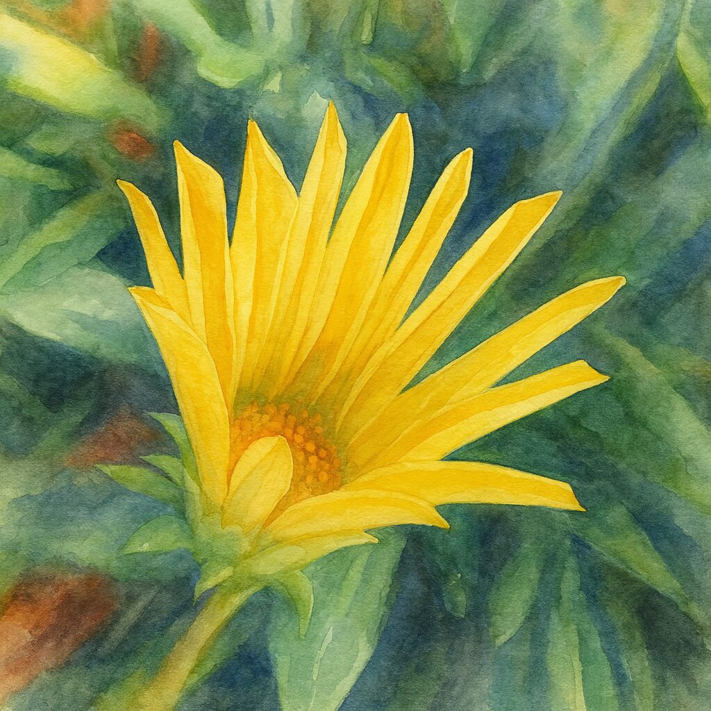 開きかけの黄色いガザニアの花を描いた水彩画風イラスト