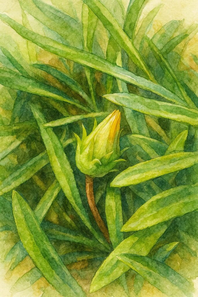 ガザニアのつぼみを緑の葉の中に描いた水彩画風イラスト。黄色い蕾と葉の質感を柔らかいタッチで表現