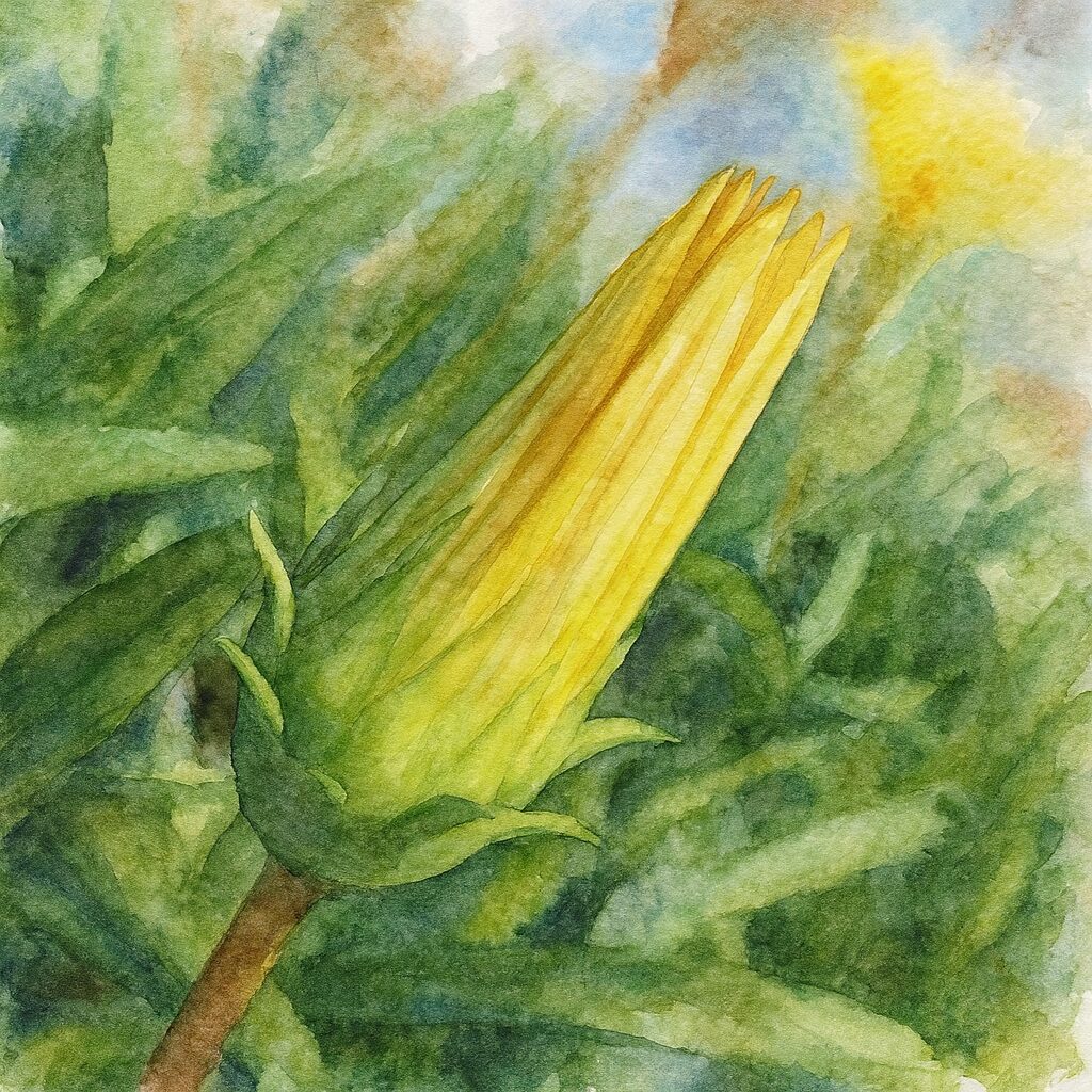 春の庭を背景にした黄色いガザニアのつぼみの水彩画風イラスト。柔らかなボケと透明感ある色彩でつぼみの質感を表現