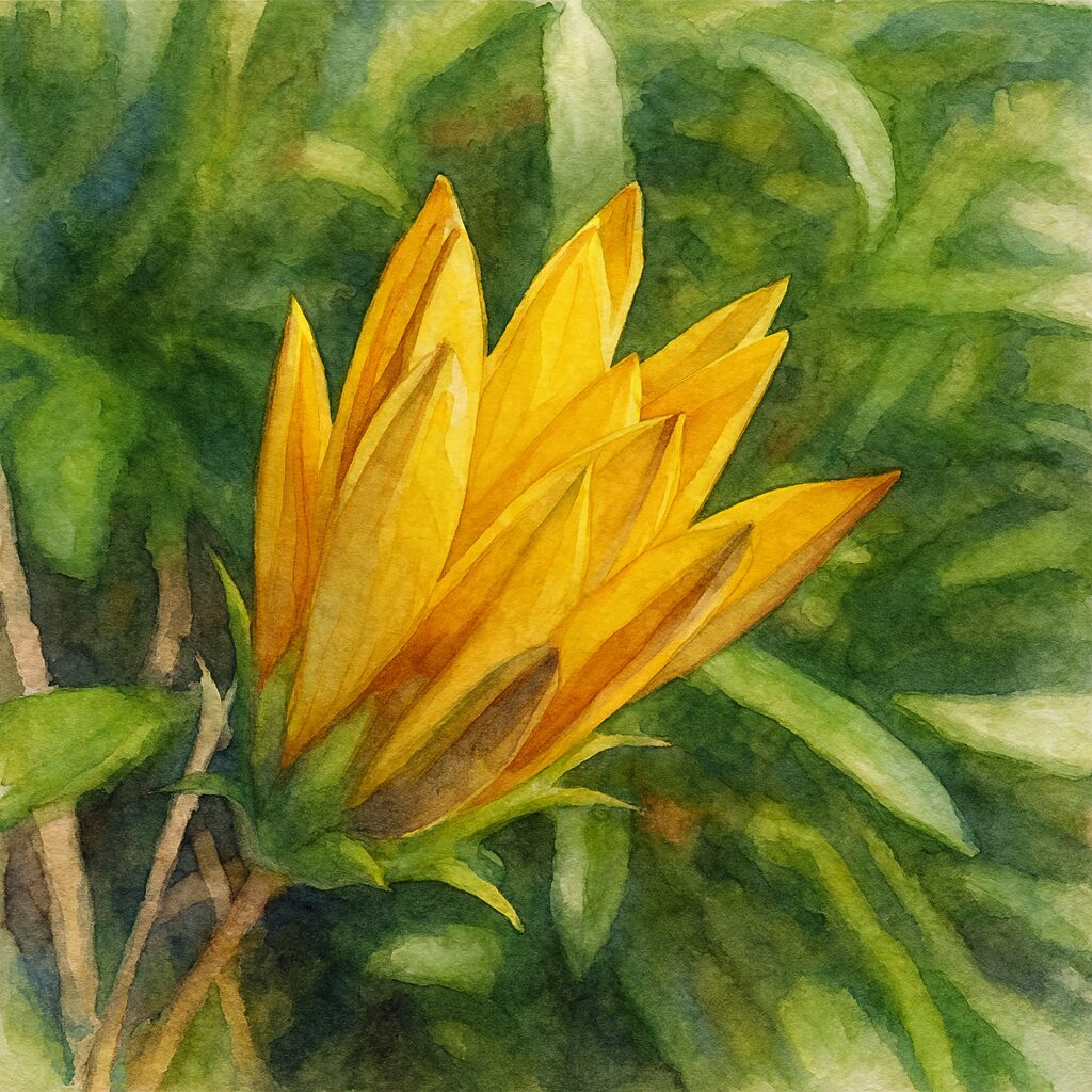 黄色いガザニアの蕾を描いたプロ仕上げの水彩画風イラスト