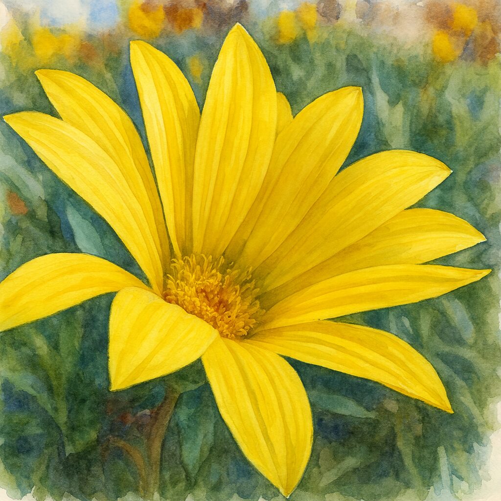 黄色いガザニアをクローズアップで描いた水彩画風イラスト。鮮やかな花弁の質感と中心部の繊細な描写が柔らかなタッチで表現され、背景には霞んだガザニアの群生が描かれている。