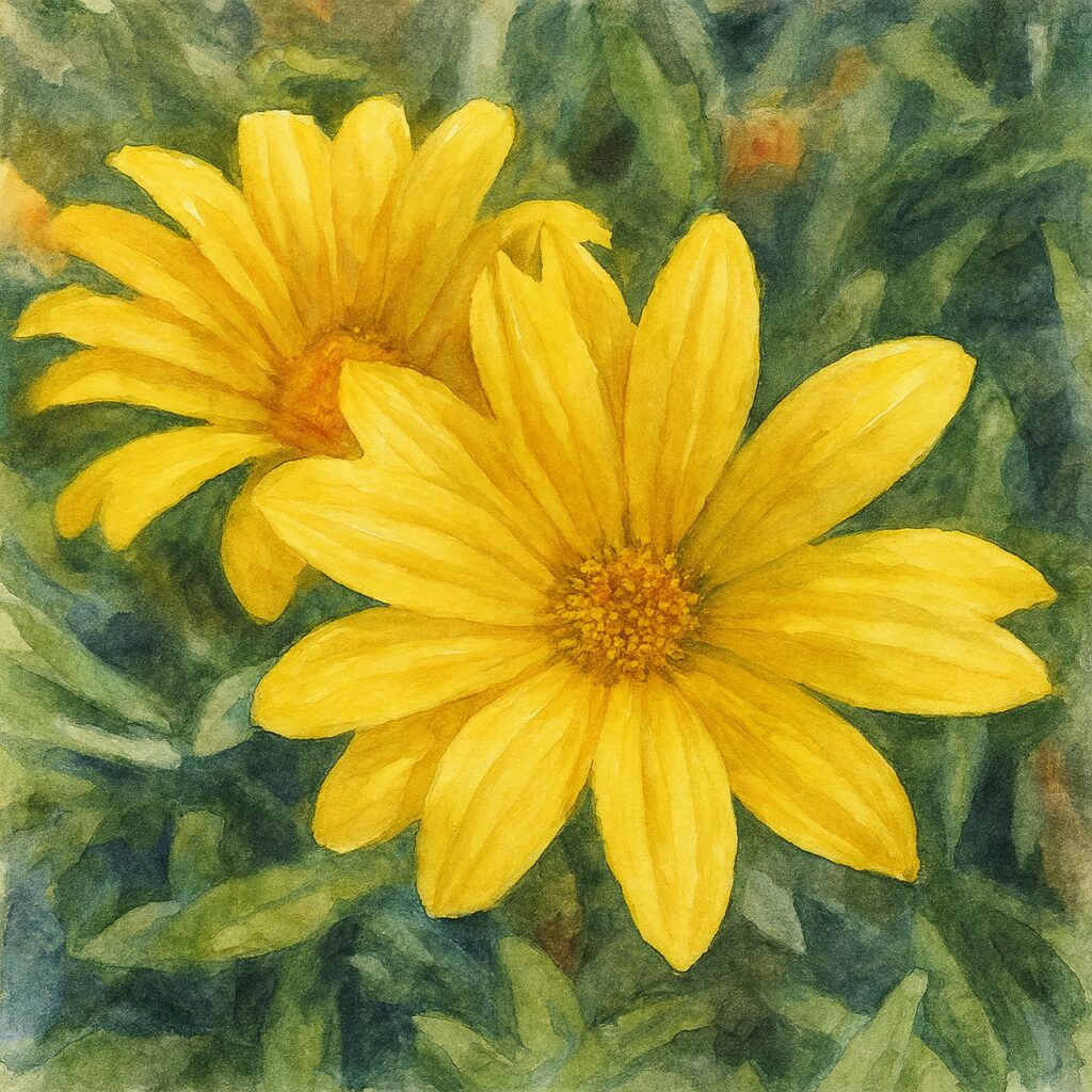 黄色いガザニアの花を二輪描いた、水彩画風のボタニカルアートイラスト