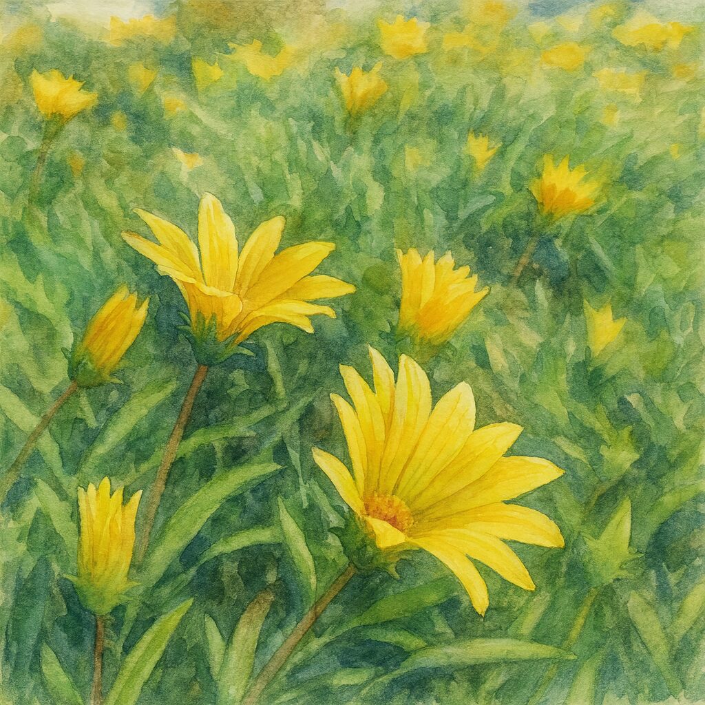 春の庭に咲く黄色いガザニアの群生を描いたプロレベルの水彩画風イラスト