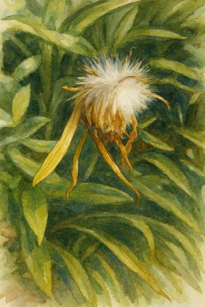 ガザニアの綿毛状の種をリアルな質感で描いた水彩画風イラスト