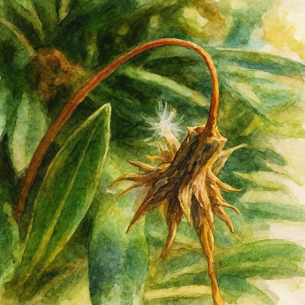 ガザニアの枯れた花を弧を描く茎とともに描いた水彩画風イラスト