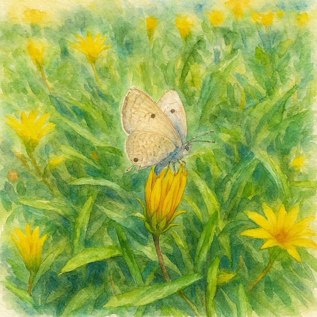 ガザニアの蕾にとまる小さな蝶を描いた水彩画風イラスト