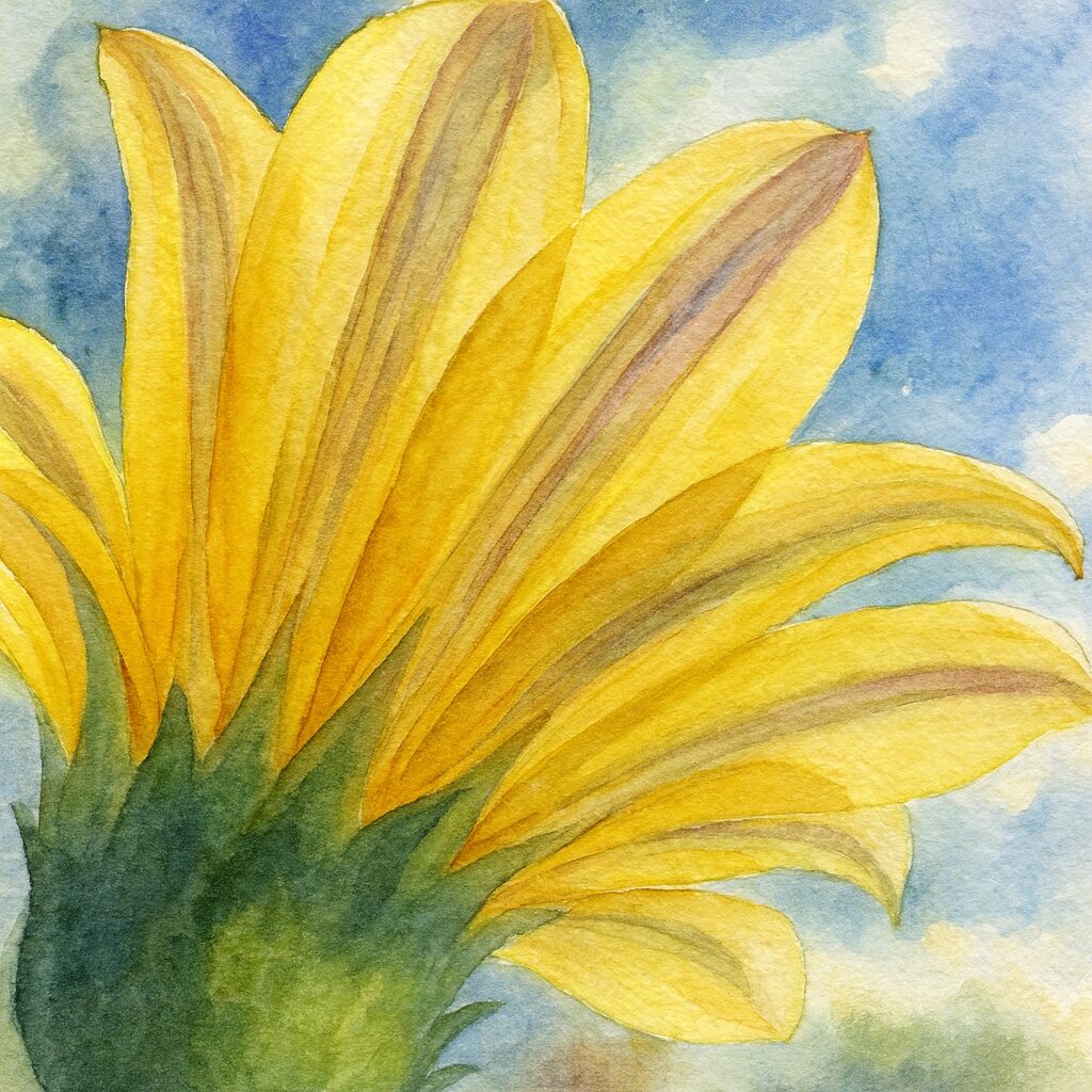 逆光で輝く黄色いガザニアの花びらを柔らかなタッチで描いた水彩画イラスト