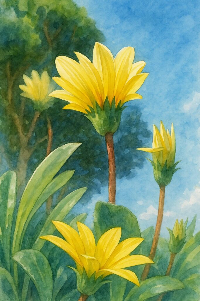 青空を背景に咲く黄色いガザニアを下から見上げる構図で描いた水彩画イラスト