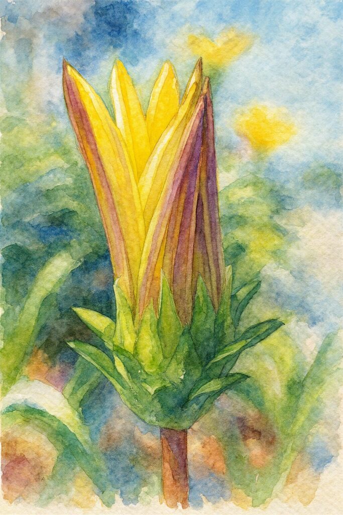 黄色いガザニアの蕾を丁寧に描いた水彩画風イラスト｜開花前の縦長の花姿を柔らかな色彩で表現